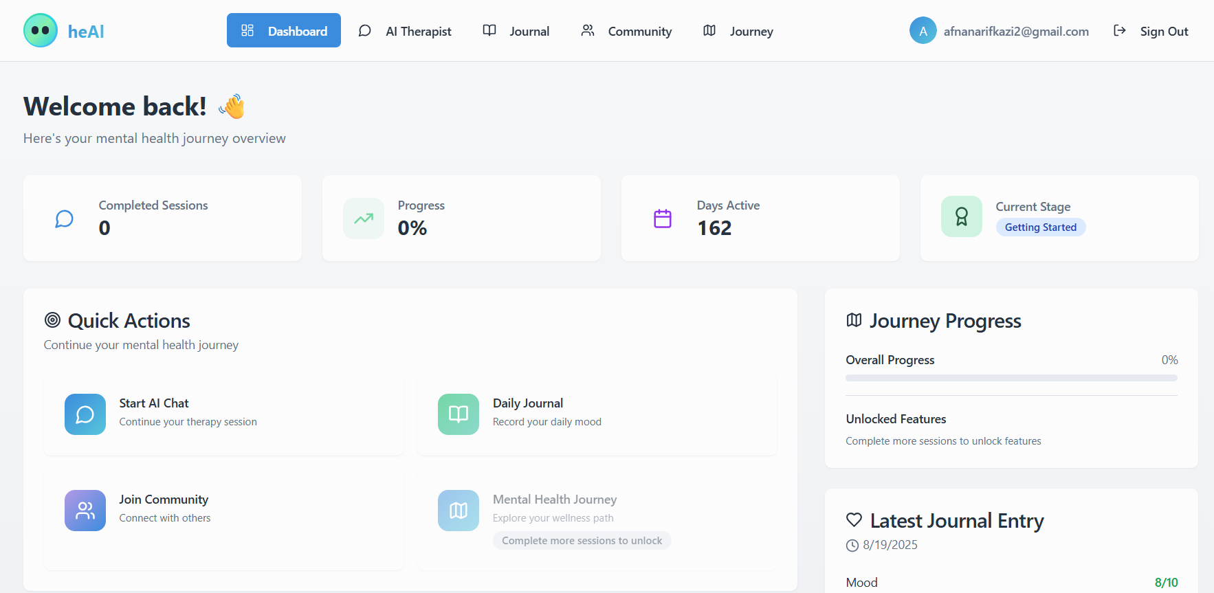 HeAl dashboard with journal, mood tracking, and community features