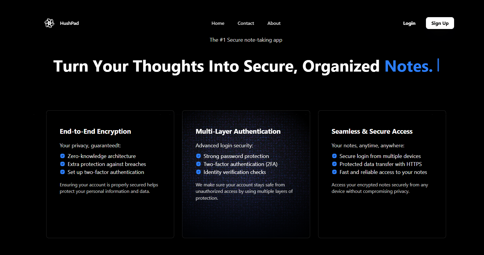 HushPad private note-taking application homepage